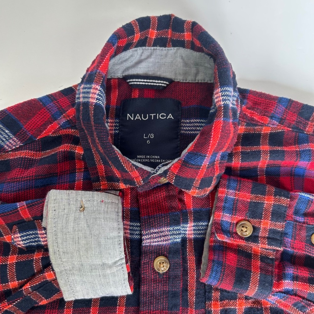 Nautica Girl's Plaid Flannel‎ Button Down Shirt L/G 6 Red Blue